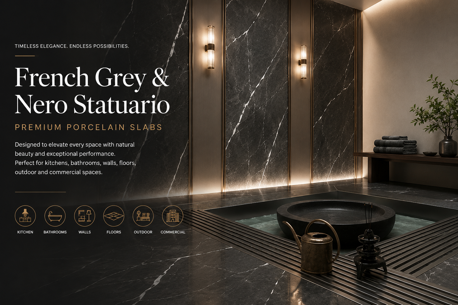 French Grey and Nero Statuario Porcelain Slabs: Redefining Elegance Across Kitchens, Bathrooms, Walls, Floors, Outdoor and Commercial Spaces