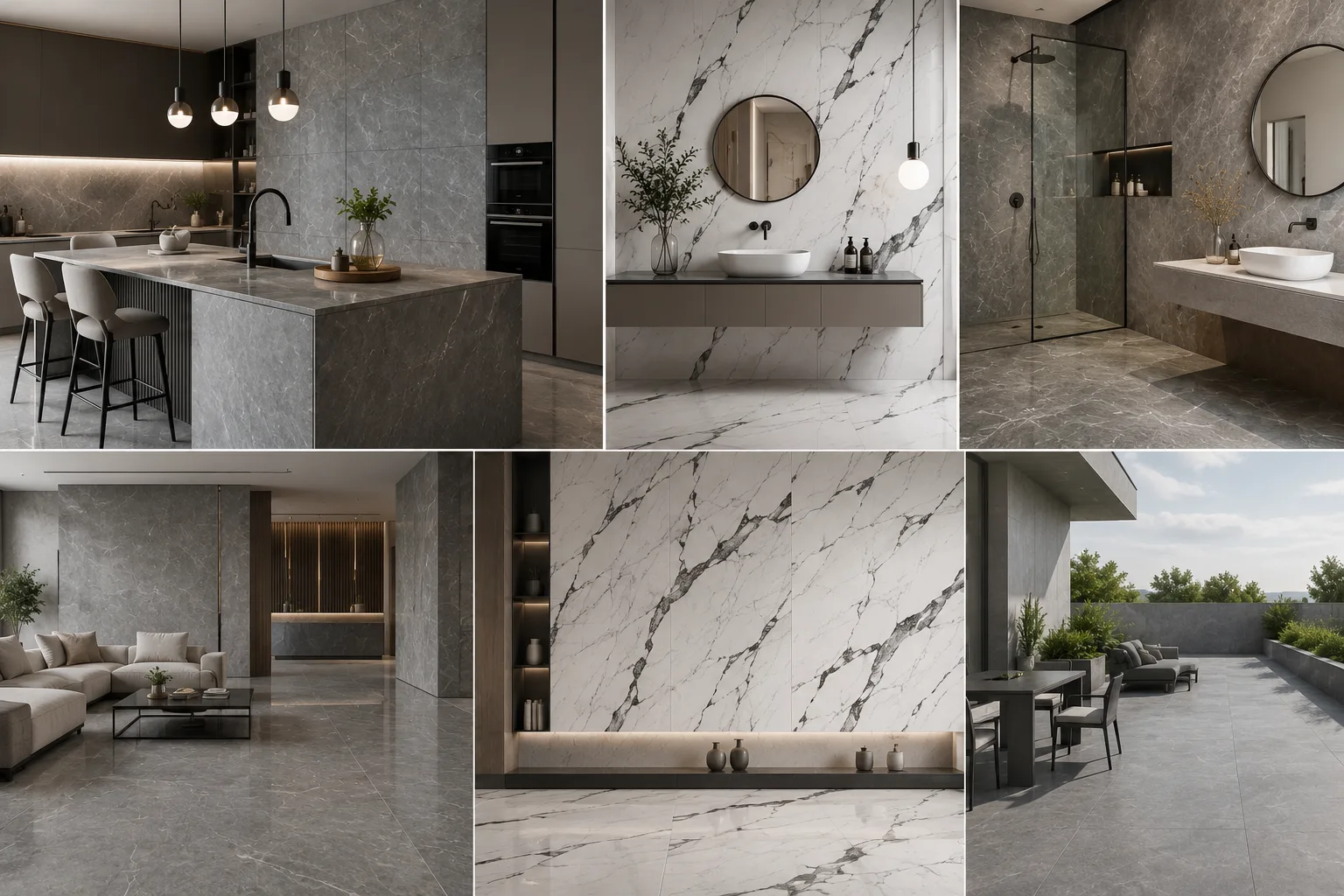 French Grey and Nero Statuario Porcelain Slabs: Redefining Elegance Across Kitchens, Bathrooms, Walls, Floors, Outdoor and Commercial Spaces